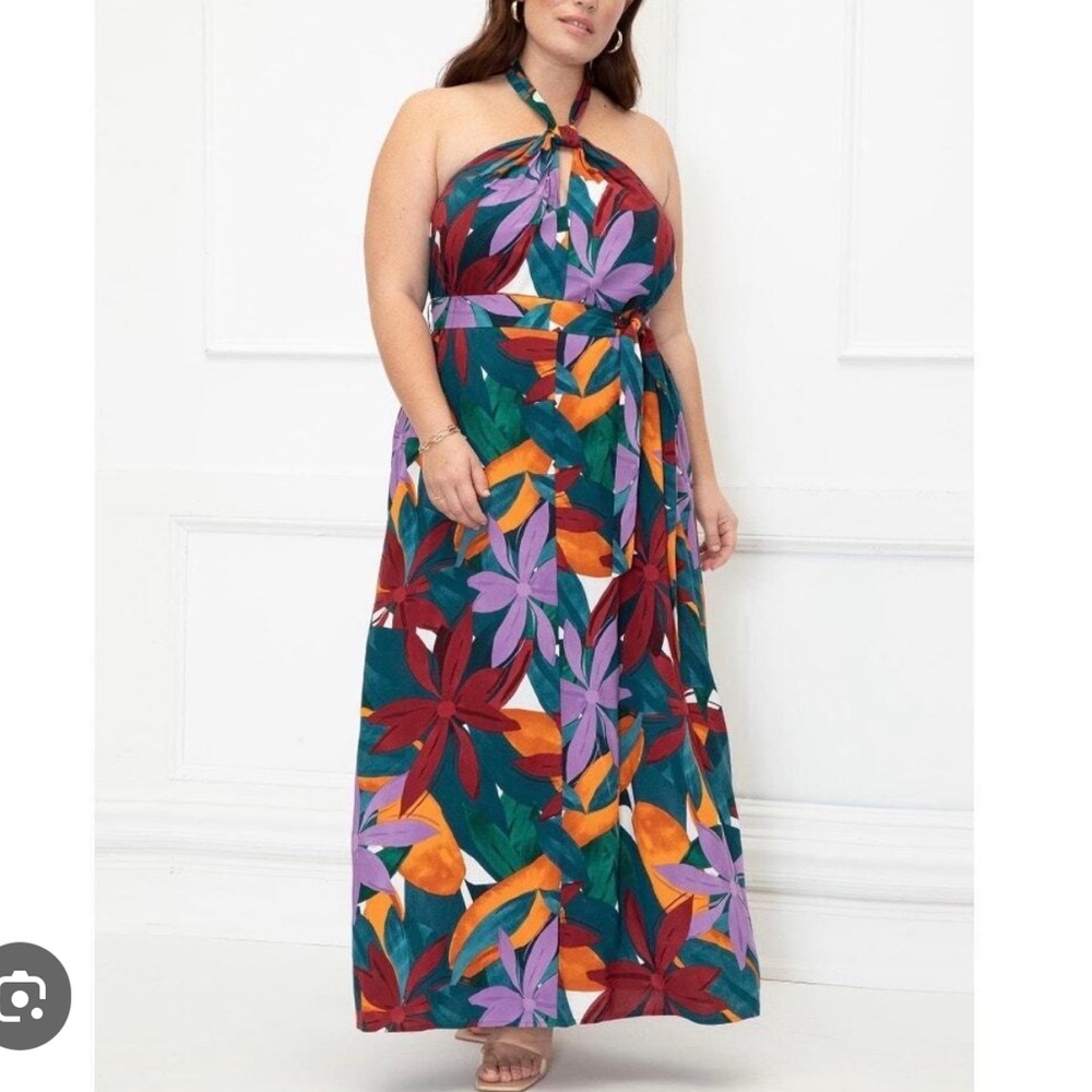 Eloquii Multicolor Tropical Halter Maxi Dress